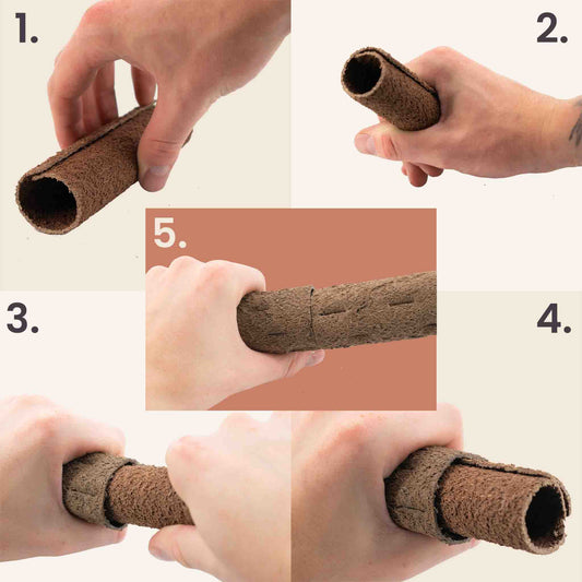 Numbered steps showing hands assembling a coir climbing pole, kratiste pole