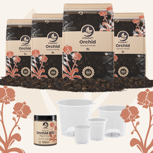 Four orchid soil bags, plant food jar, clear pots displayed, orchid welcome bundle