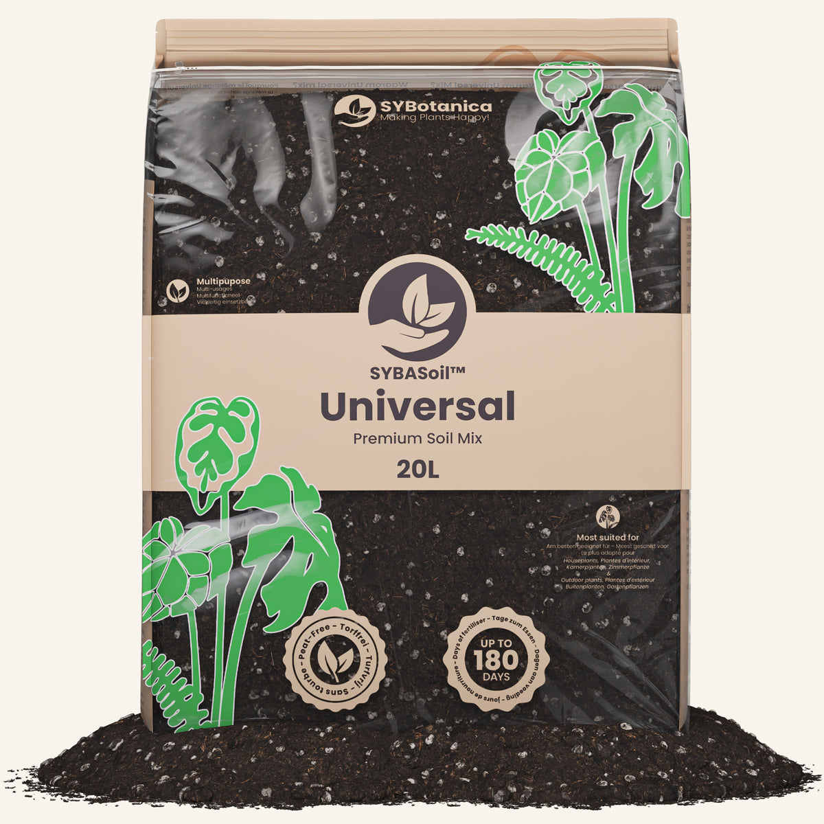 Bag of soil mix with plant graphics and soil spilling out