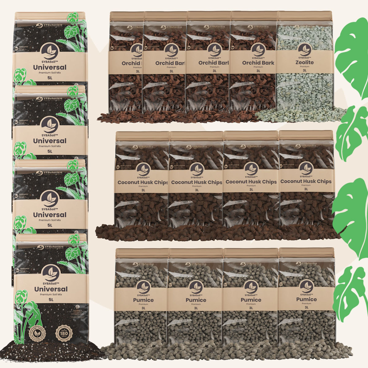 Bags of soil, bark, pumice, husk chips displayed, super diy aroid mix bundle