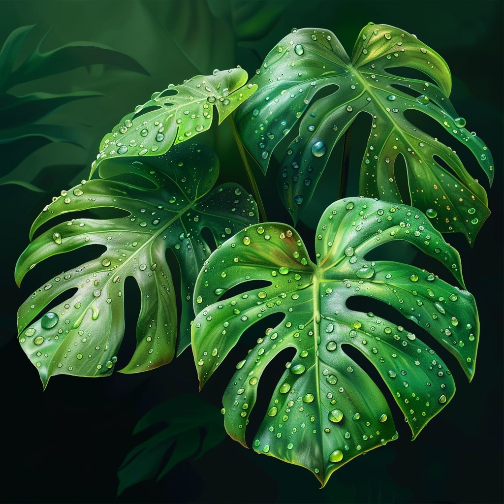 Water droplets on split monstera leaves, dark background, monstera & philodendron (aroid)