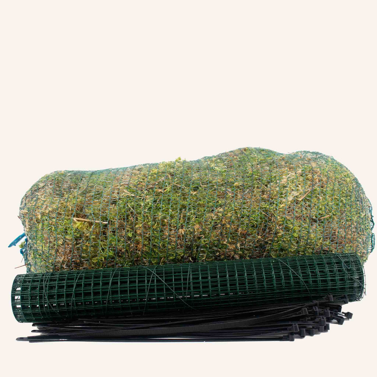 Moss roll, green wire mesh, and cable ties, sphagnum moss pole