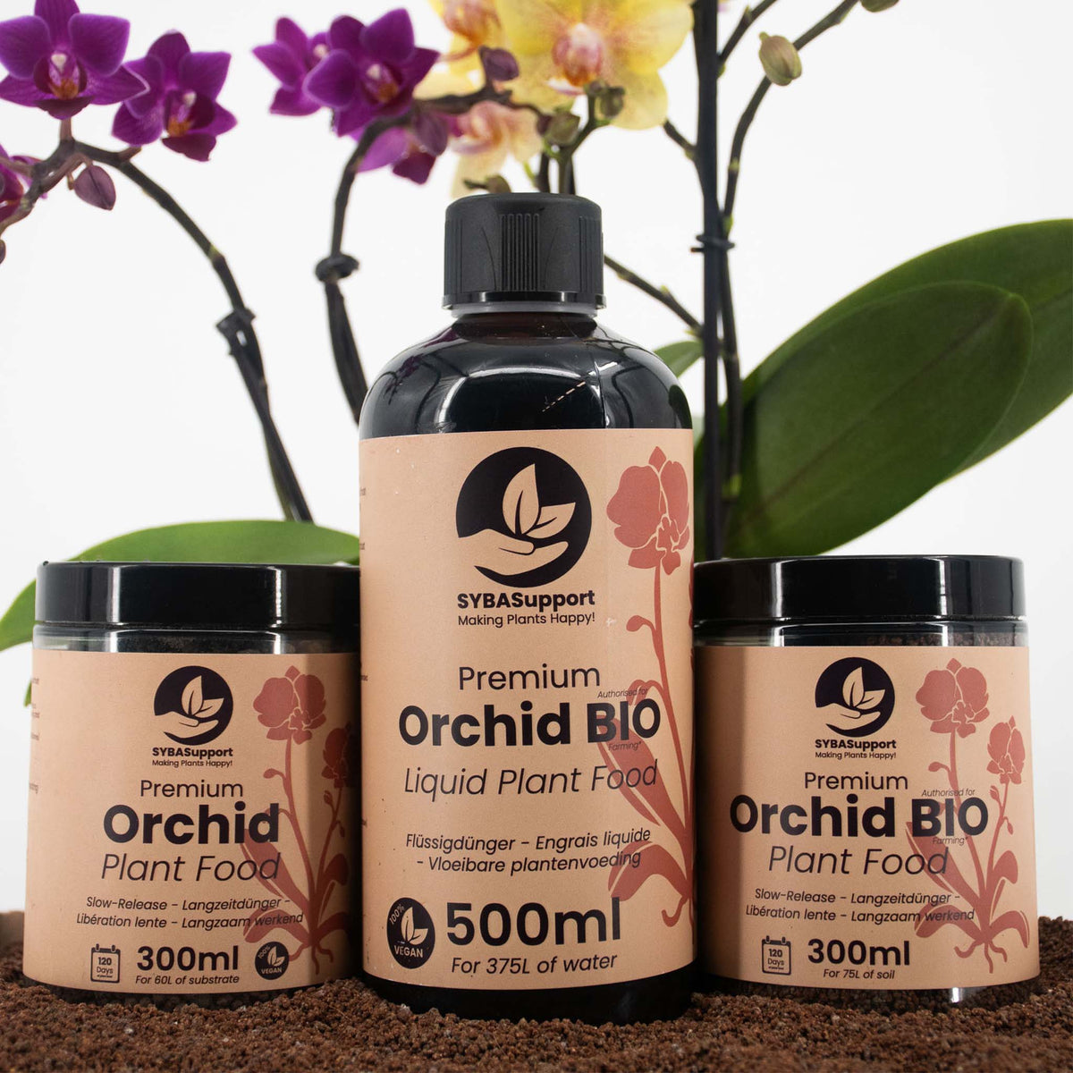 Three orchid plant food containers beside purple and yellow orchids, orchid plant food - sybasupport