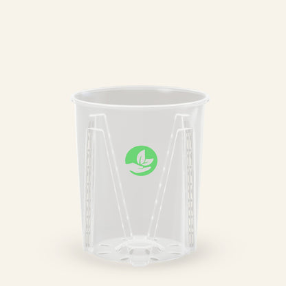 Clear plastic pot with ribbed sides and green leaf logo