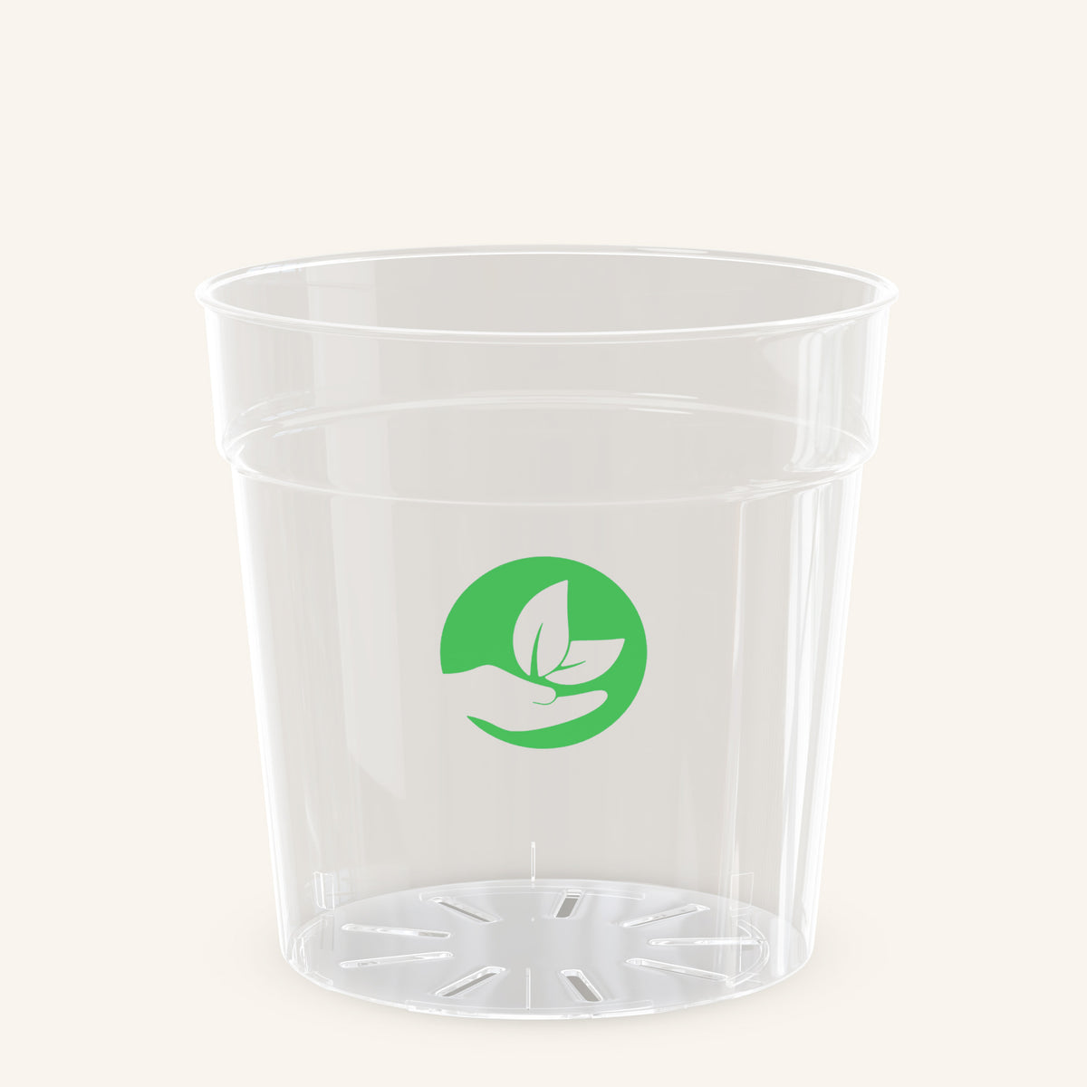 Pot en plastique transparent à fond fendu, logo feuille verte