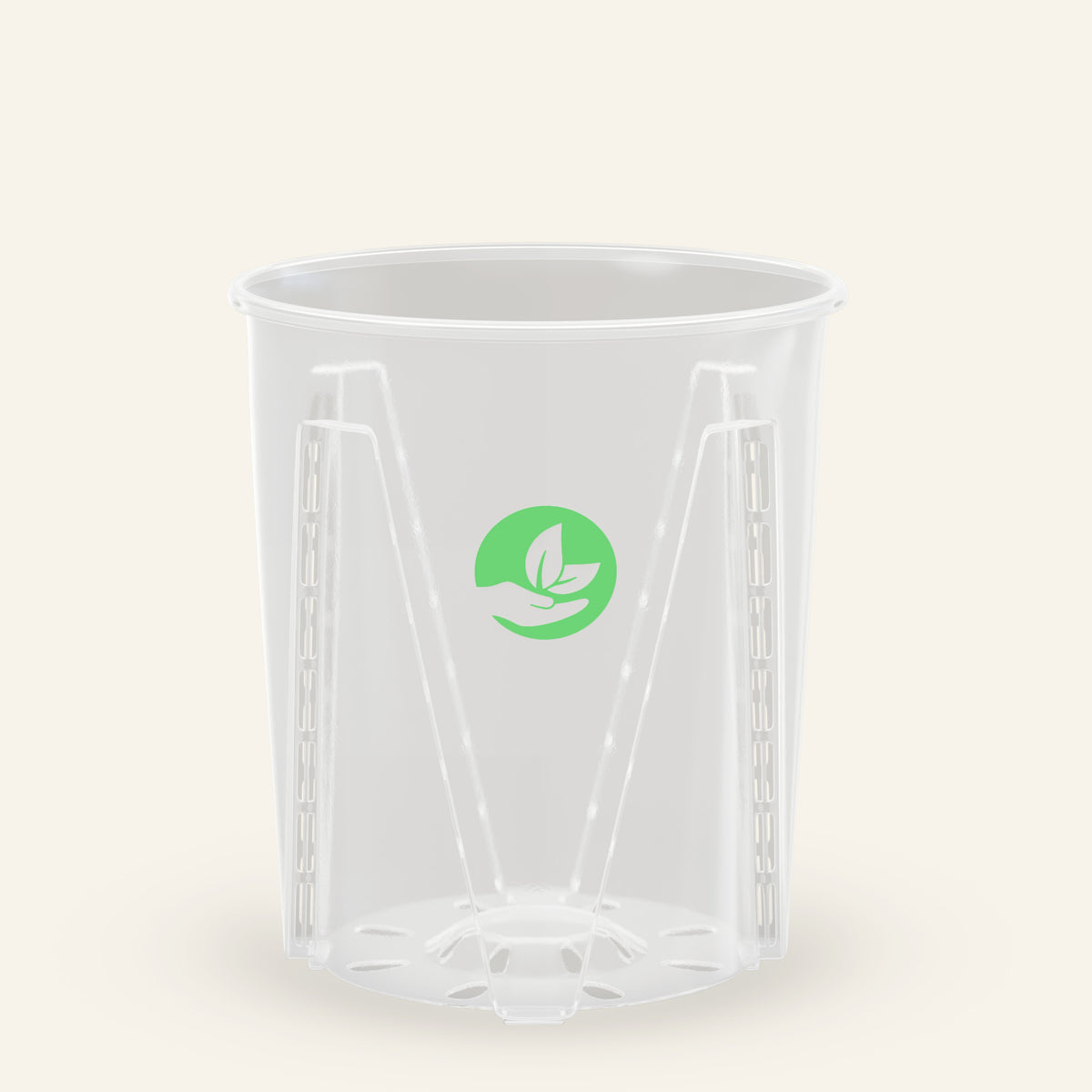 Clear ribbed nursery pot with green leaf logo