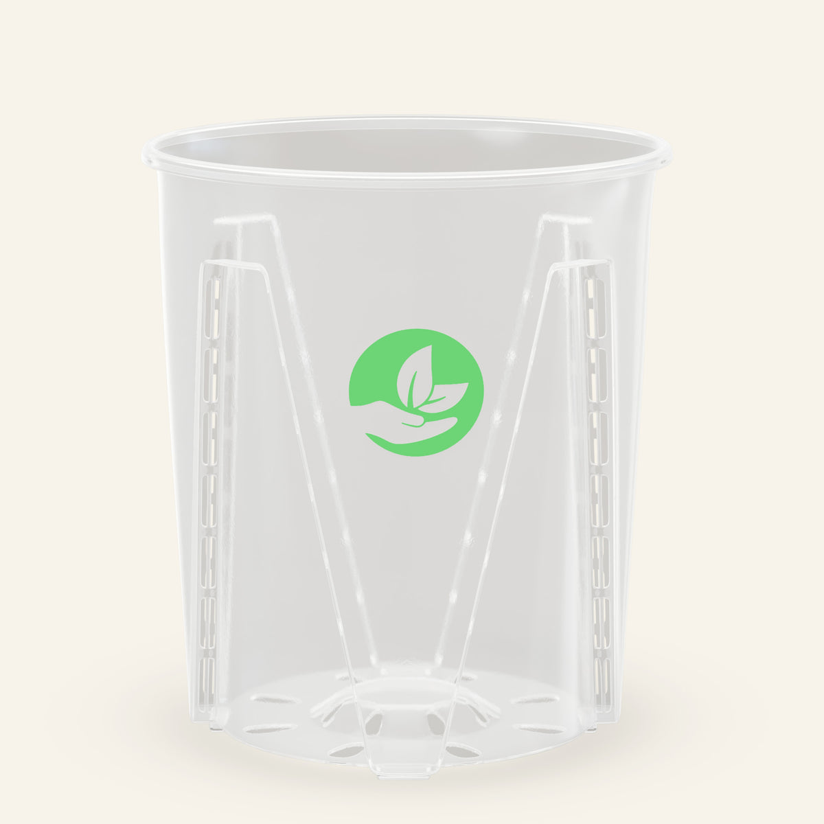 Clear plastic nursery pot with ventilation slits and green leaf logo
