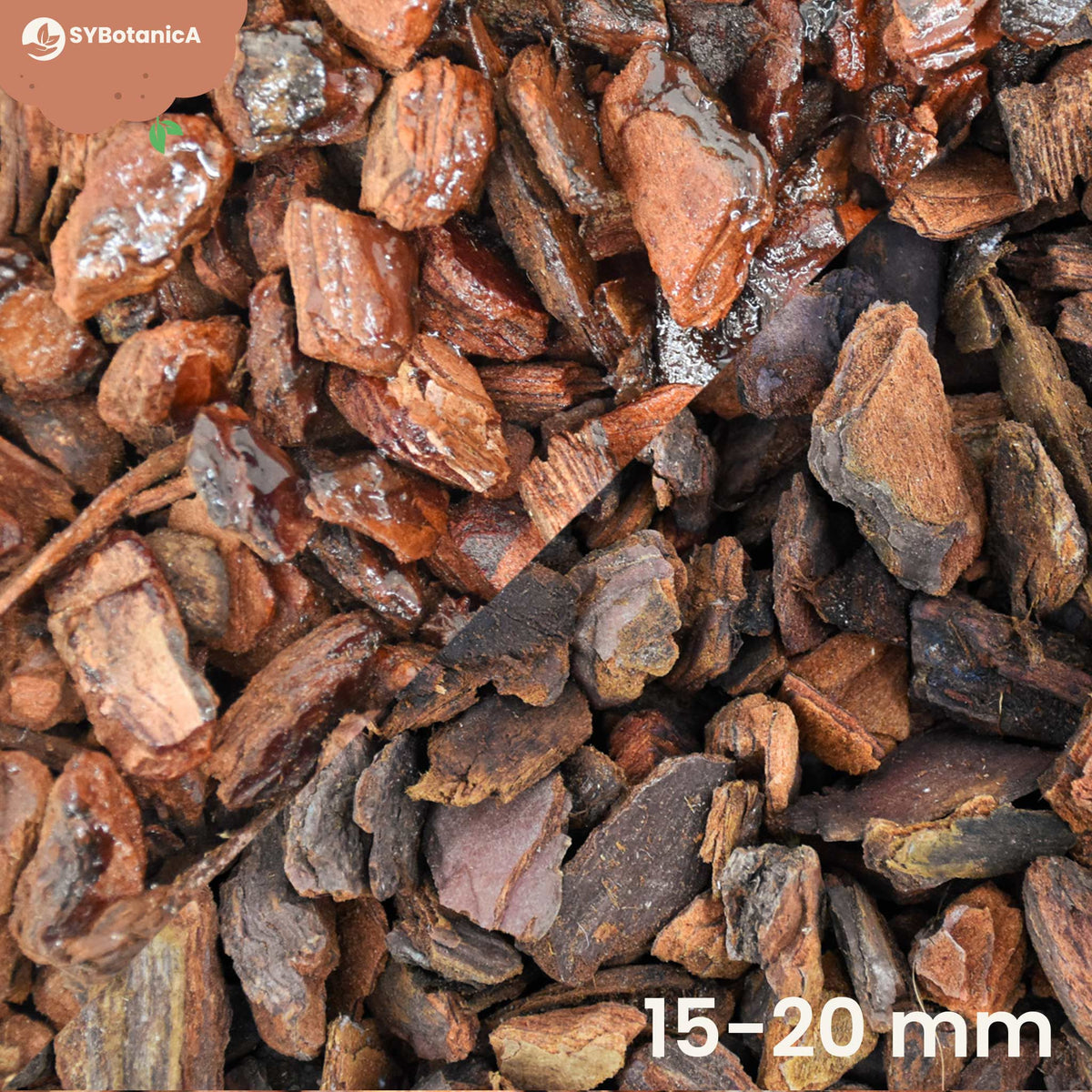 Close-up of wet reddish-brown pine bark chunks