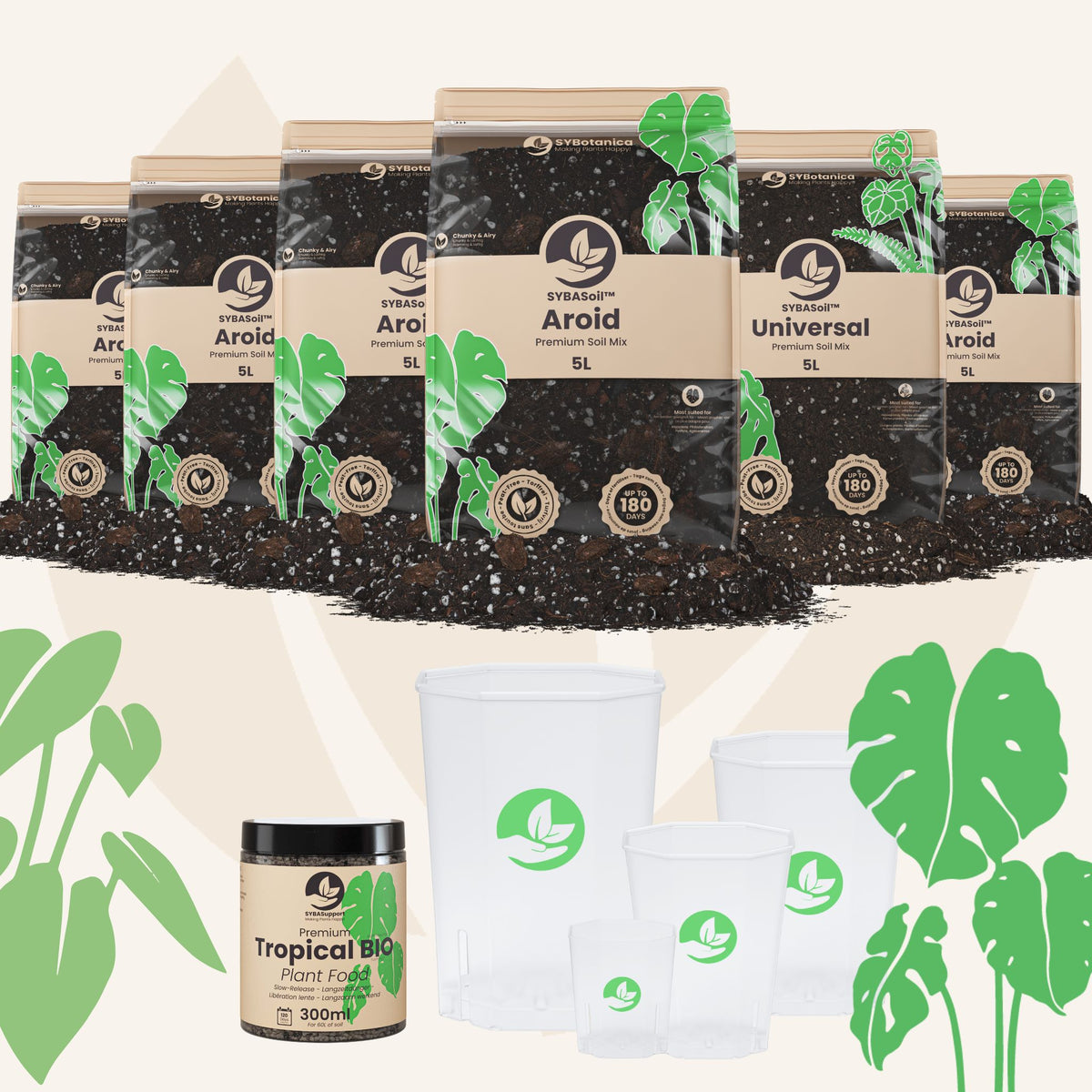Soil bags, plant food jar, and nested plastic pots displayed