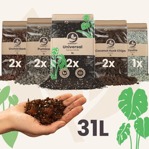 Five soil amendment bags with hand holding soil mix, diy aroid mix bundle