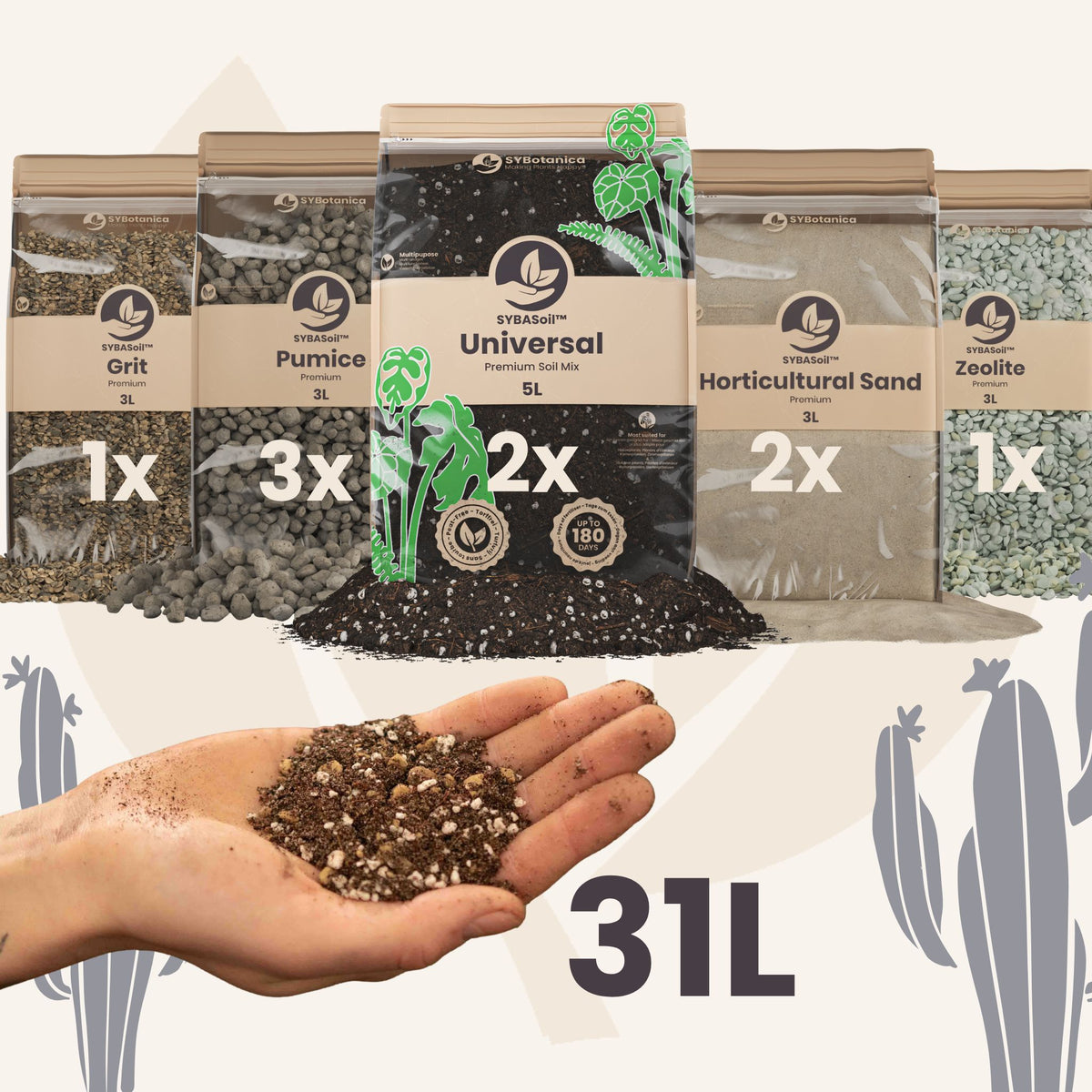 Five soil bags with hand holding mixed substrate below, diy desert mix bundle