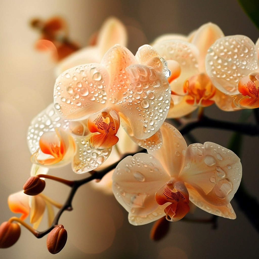 Peach-colored orchid blossoms covered in water droplets