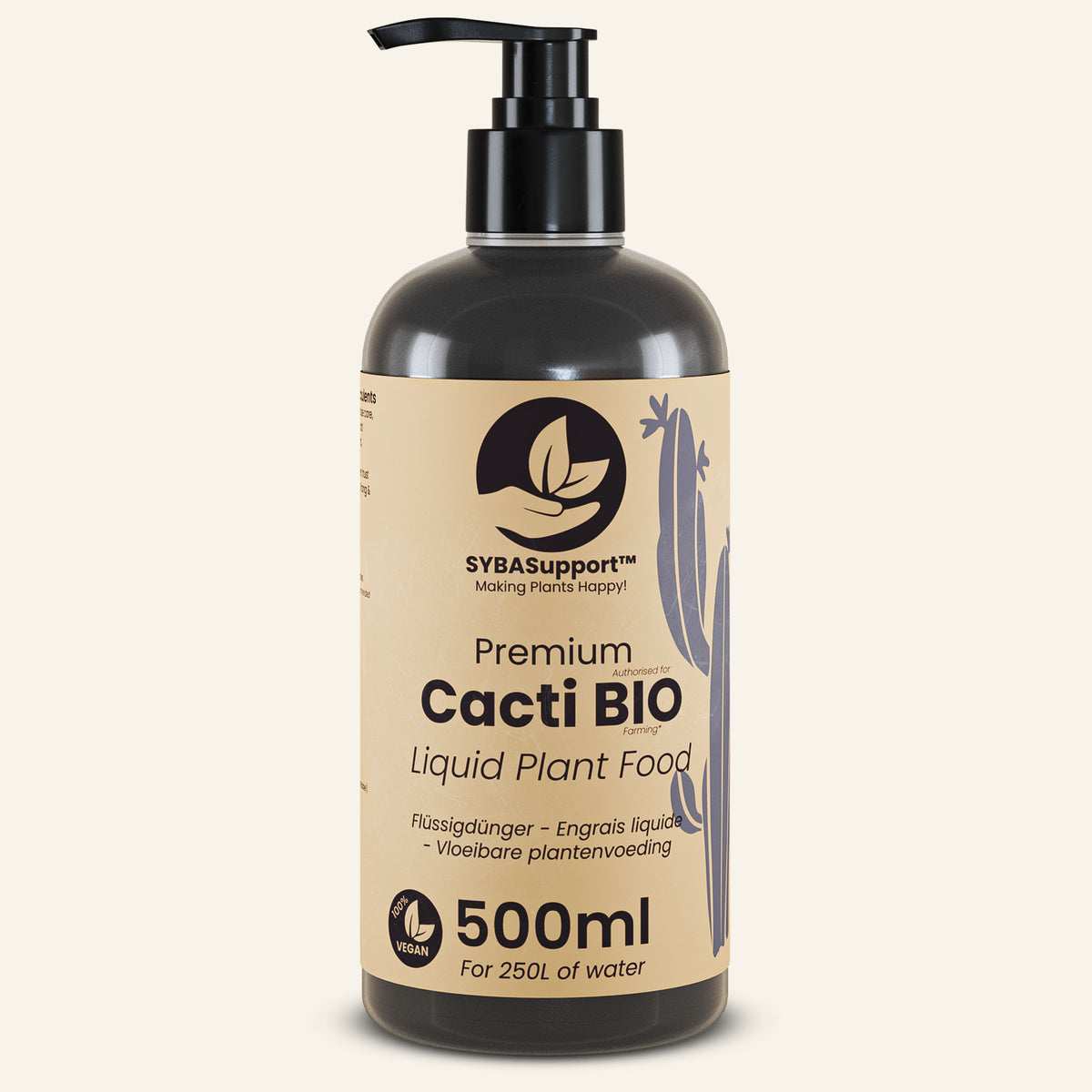 Flacone scuro con dosatore ed etichetta sabbia, fertilizzante bio liquido per cactus