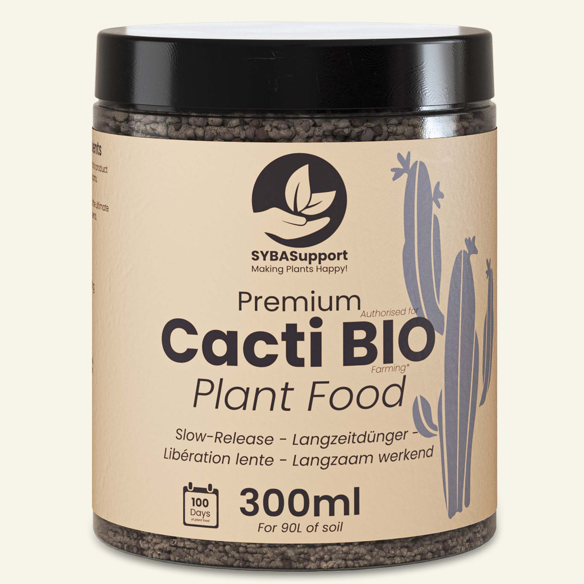 Tarro negro con gránulos de alimento bio de liberación lenta para cactus, con etiqueta
