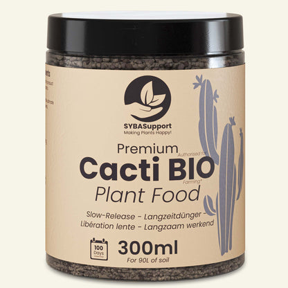 Tarro negro con gránulos de alimento bio de liberación lenta para cactus, con etiqueta
