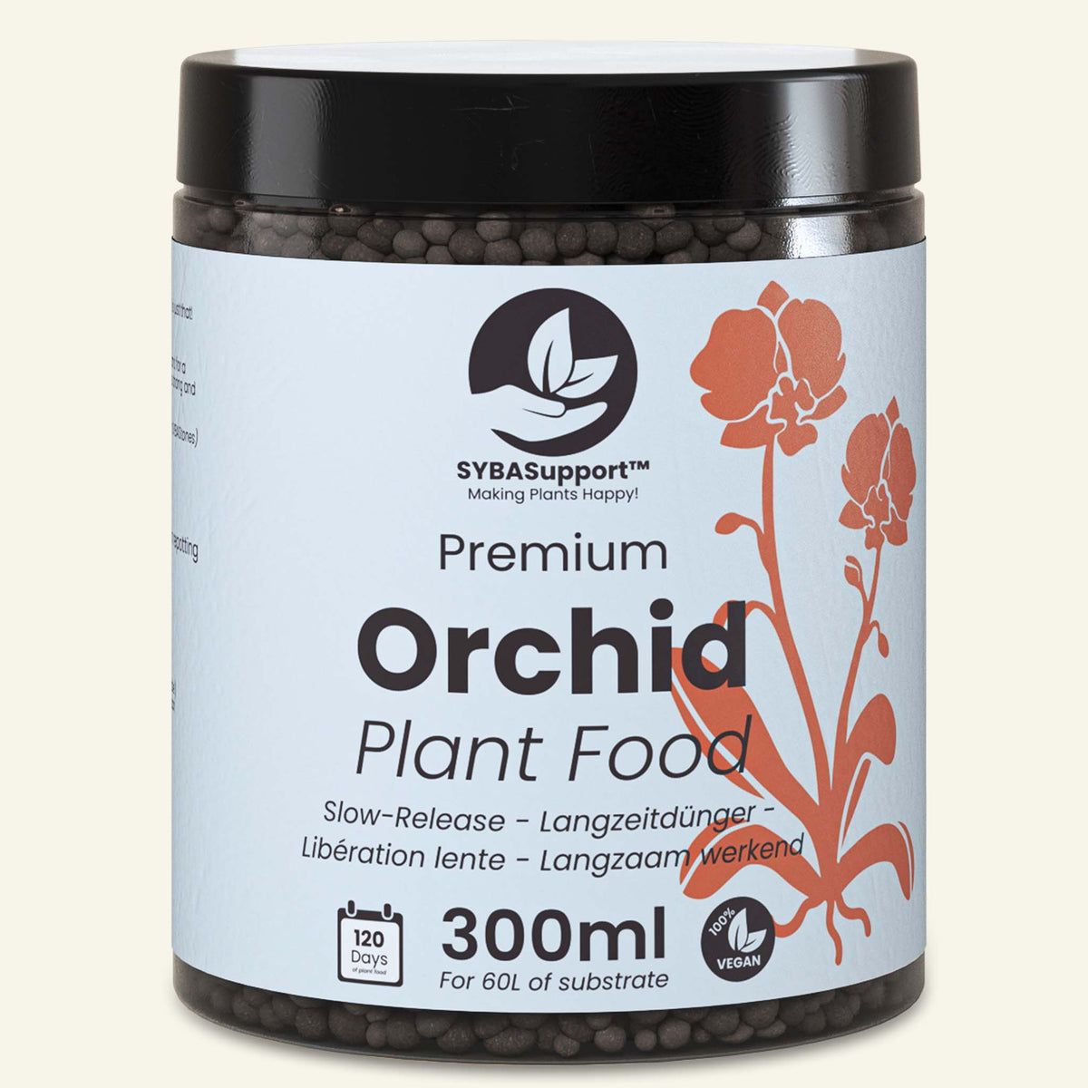 Frasco preto com grânulos de fertilizante para orquídeas de libertação lenta