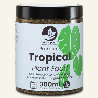 Frasco rotulado com grânulos de fertilizante para plantas tropicais