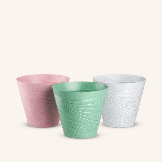 Three ribbed speckled plant pots in pink, green, white, river - biobased plant pots