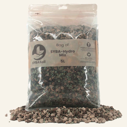 Clear bag of mineral hydro mix with spilled granules, syba hydro mix