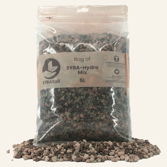 Clear bag of mineral hydro mix with spilled granules, syba hydro mix