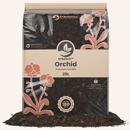 Standing 20L pouch of chunky bark with pink orchid illustrations