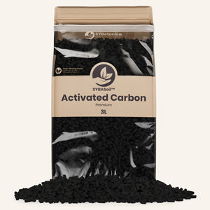 Standing 3L pouch of black cylindrical carbon pellets with pellets spilled below