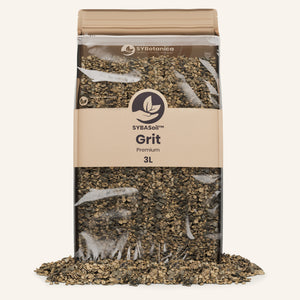 Bag of grit substrate with texture spilling out front, grit soil
