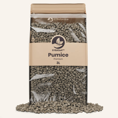 Standing 3L pouch of rounded pale grey granules with granules spilled below, pumice for plants