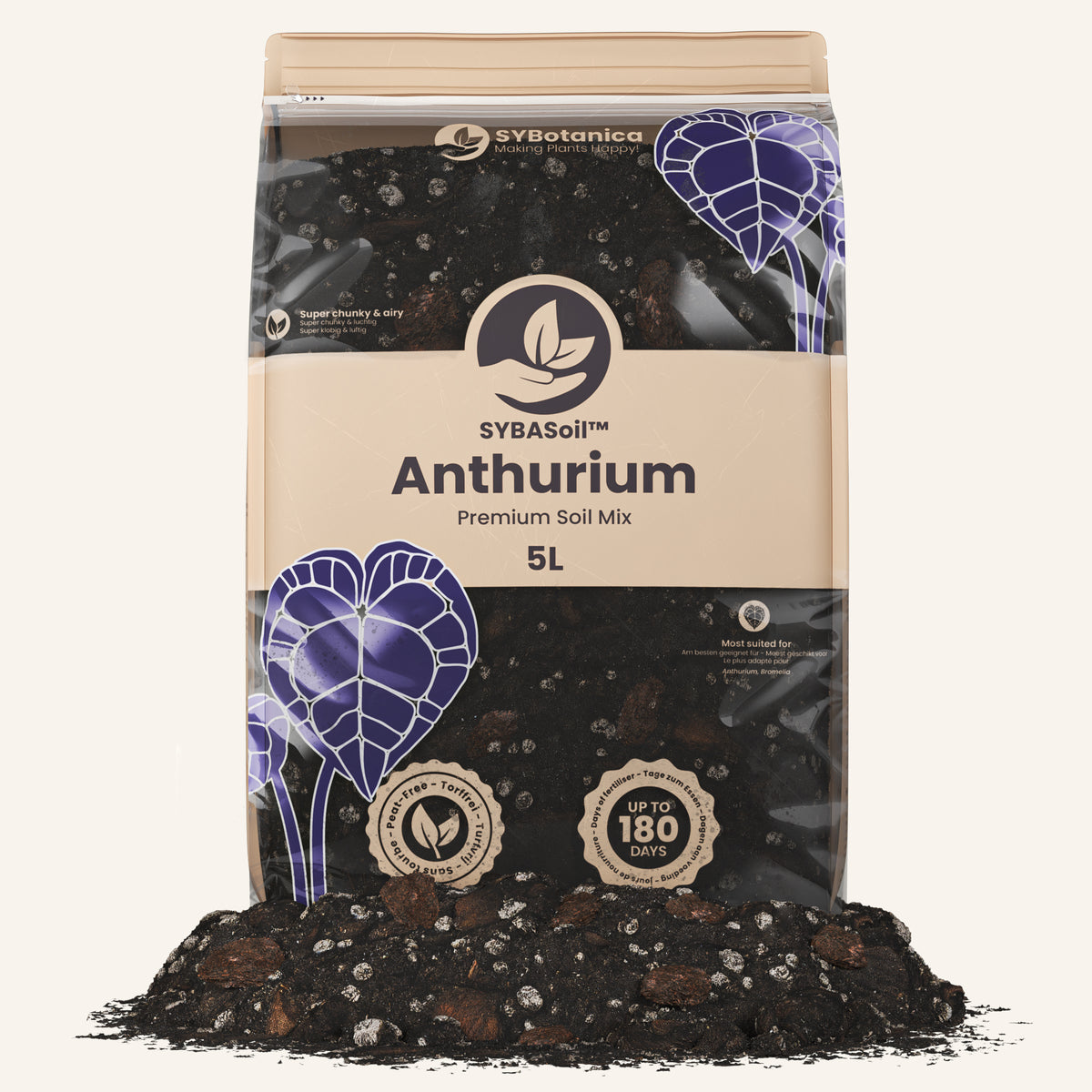 Bag of chunky dark soil mix with anthurium graphic, anthurium soil