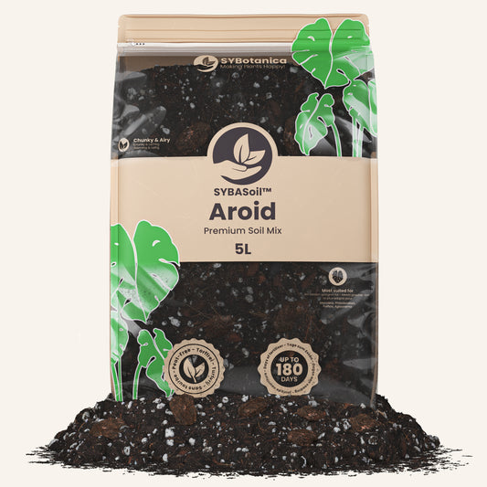 Standing 5L pouch of chunky dark mix with monstera leaf illustrations, aroid mix