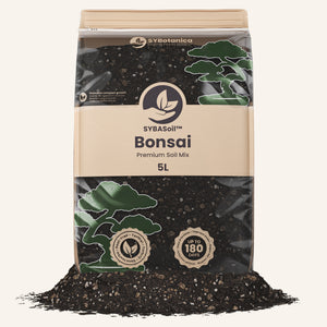 Standing 5L pouch of dark gritty mix with bonsai tree illustrations, bonsai soil