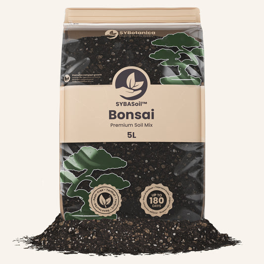 Standing 5L pouch of dark gritty mix with bonsai tree illustrations, bonsai soil