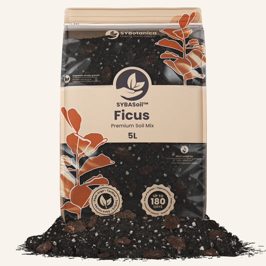 Standing 5L pouch of dark mix with orange ficus leaf illustrations, best soil for ficus