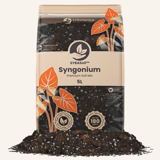 Resealable bag of dark soil mix with leaf graphics, best soil for syngonium