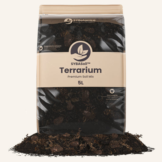 Resealable bag of dark terrarium soil mix with spilled substrate, terrarium substrate