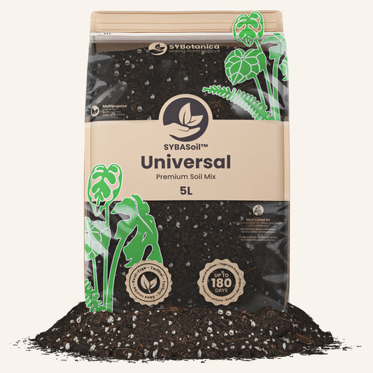 Bag of soil mix with plant illustrations on packaging, universal potting soil