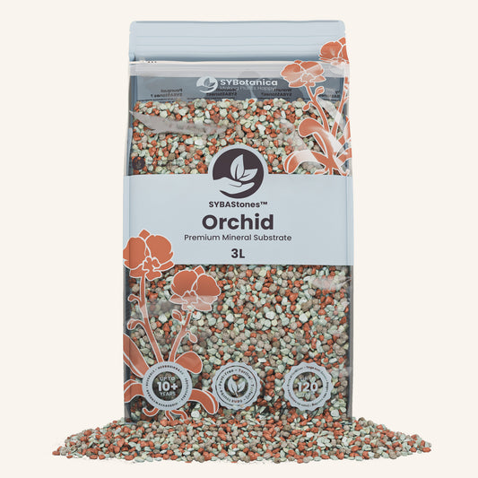 Bag of orchid mineral substrate with spilled granules, orchid mineral mix