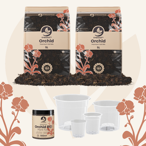 Two orchid soil bags, plant food jar, clear pots, orchid welcome bundle