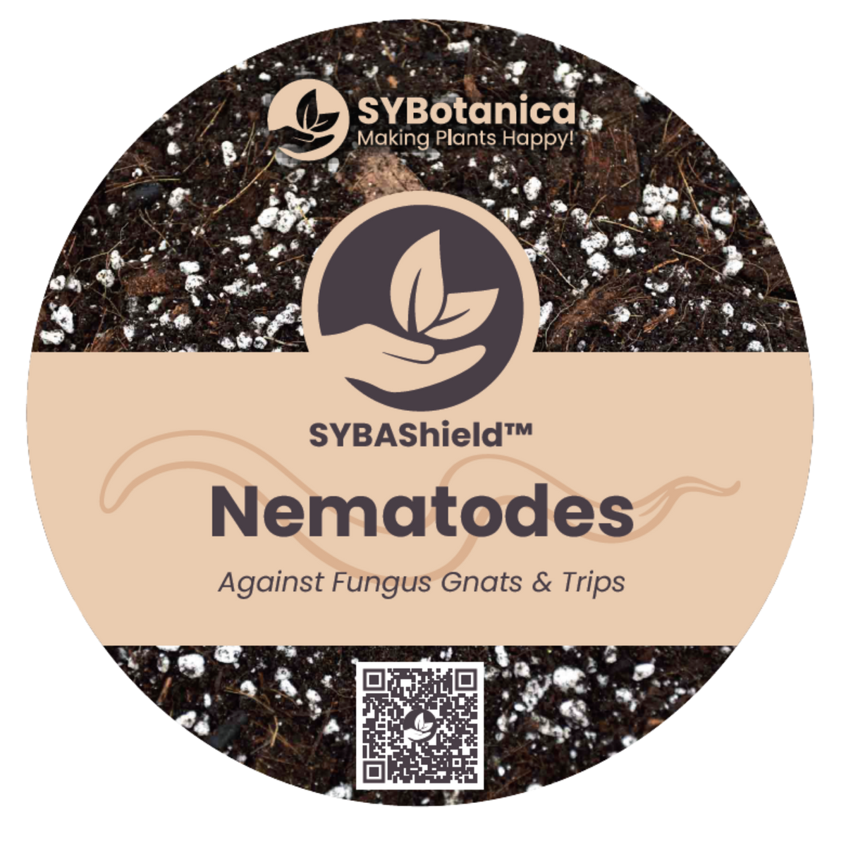Round product label with soil background and logo, nematodes against fungus gnats