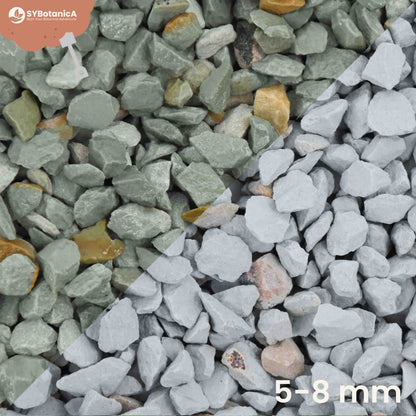 Tight crop of green and white angular zeolite granules, zeolite for plants