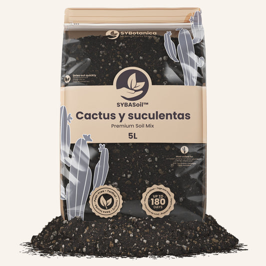 Bolsa de 5 litros con mezcla oscura y granulada junto a un cactus, tierra para cactus