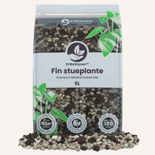 Genlukkelig pose med plantegrafik, fin stueplante-mineralmix i posen