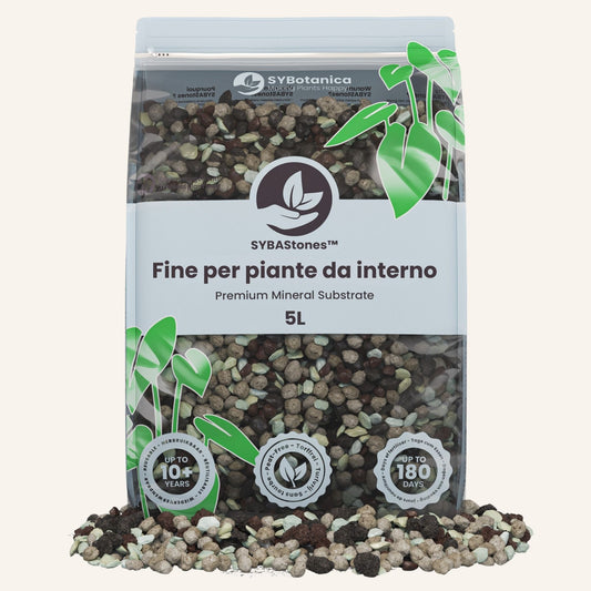 Sacchetto richiudibile di pietre minerali con grafica di piante, mix minerale fine per piante da interno