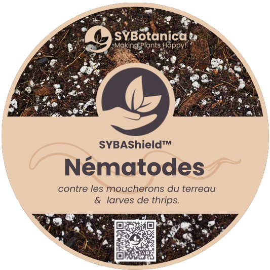 Étiquette ronde du produit avec fond de terreau et logo, nématodes contre les moucherons du terreau