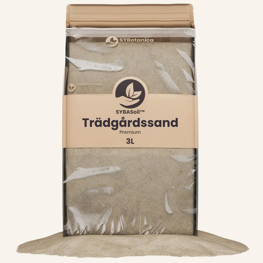 Förseglad förpackning med trädgårdssand och tydlig etikett