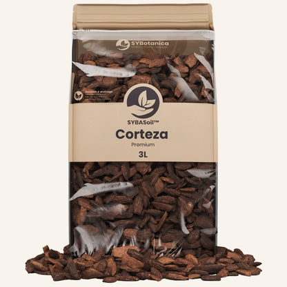Bolsa de corteza para orquídeas derramándose sobre una superficie