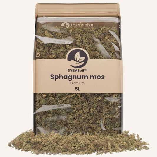 Verpakking sphagnum mos met uitgestrooide inhoud ervoor